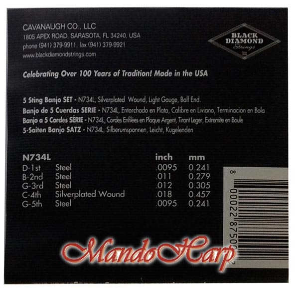 MandoHarp - Black Diamond N734L 5-String Banjo Strings. Silver Plated Wound. Ball End. Light - 0.0095
