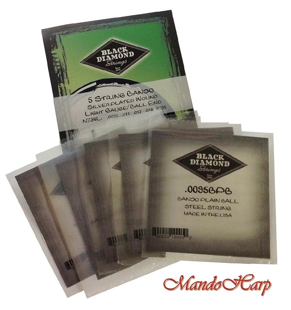 MandoHarp - Black Diamond N734L 5-String Banjo Strings. Silver Plated Wound. Ball End. Light - 0.0095